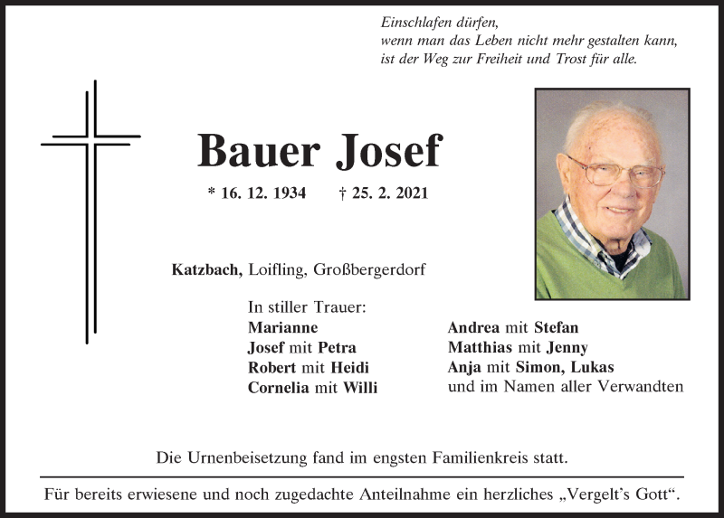  Traueranzeige für Josef Bauer  vom 06.03.2021 aus Bayerwald Echo