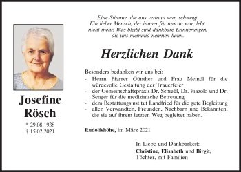 Traueranzeige von Josefine Rösch von Neumarkter Tagblatt