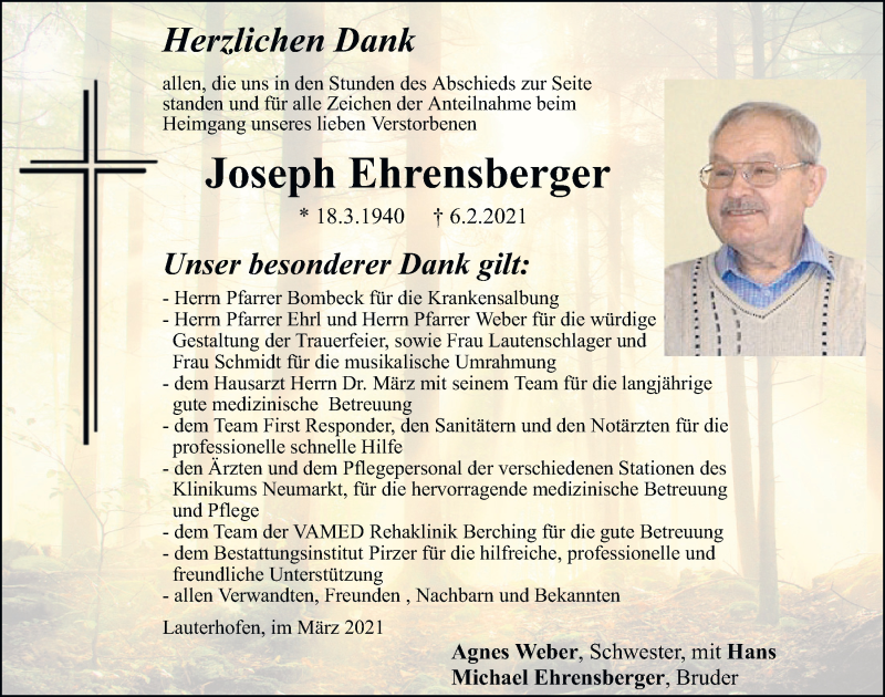  Traueranzeige für Joseph Ehrensberger vom 06.03.2021 aus Neumarkter Tagblatt