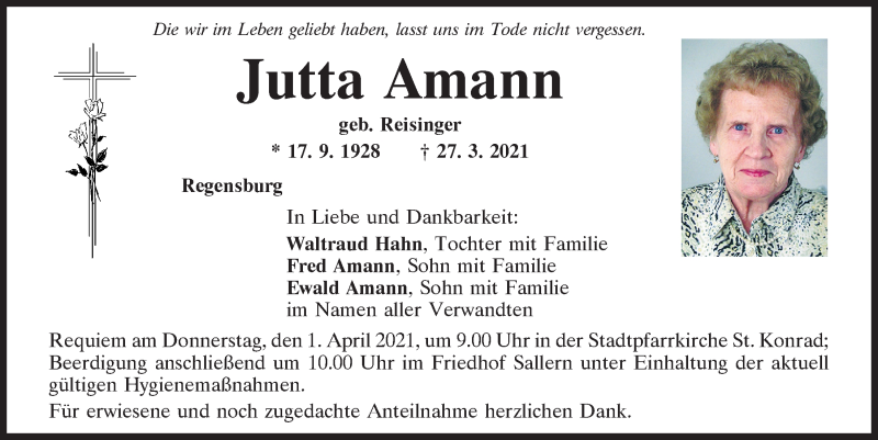  Traueranzeige für Jutta Amann vom 31.03.2021 aus Mittelbayerische Zeitung Regensburg