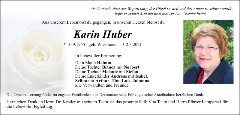  Traueranzeige für Karin Huber vom 06.03.2021 aus Neumarkter Tagblatt
