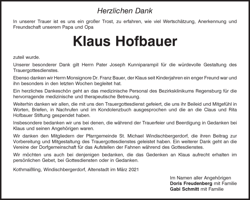  Traueranzeige für Klaus Hofbauer vom 13.03.2021 aus Bayerwald Echo