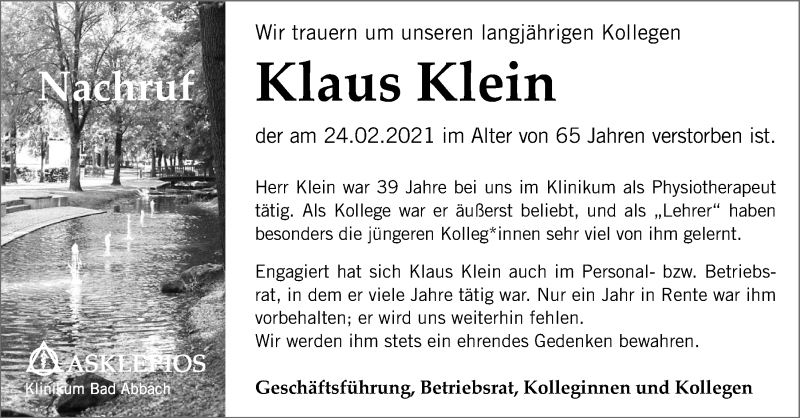  Traueranzeige für Klaus Klein vom 15.03.2021 aus Mittelbayerische Zeitung Kelheim