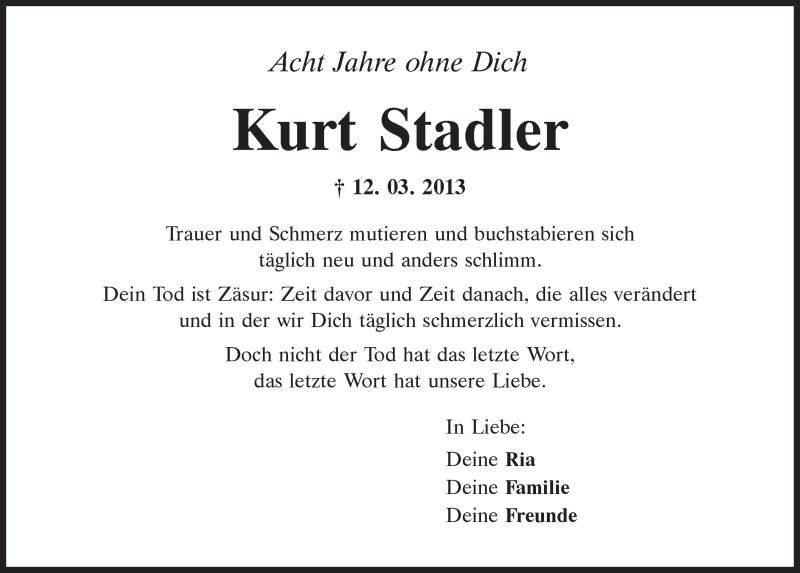  Traueranzeige für Kurt Stadler vom 12.03.2021 aus Mittelbayerische Zeitung Regensburg