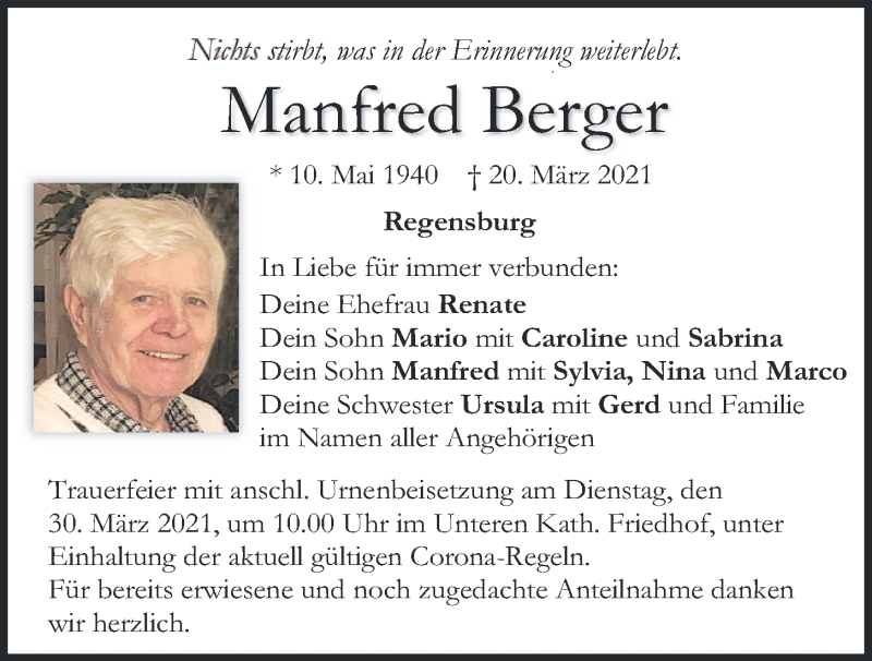  Traueranzeige für Manfred Berger vom 27.03.2021 aus Mittelbayerische Zeitung Regensburg