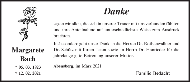  Traueranzeige für Margarete Bach vom 23.03.2021 aus Mittelbayerische Zeitung Kelheim