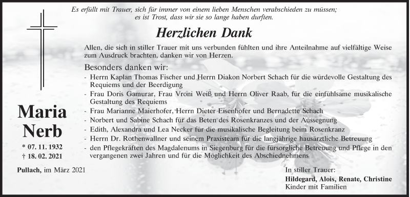  Traueranzeige für Maria Nerb vom 13.03.2021 aus Mittelbayerische Zeitung Kelheim