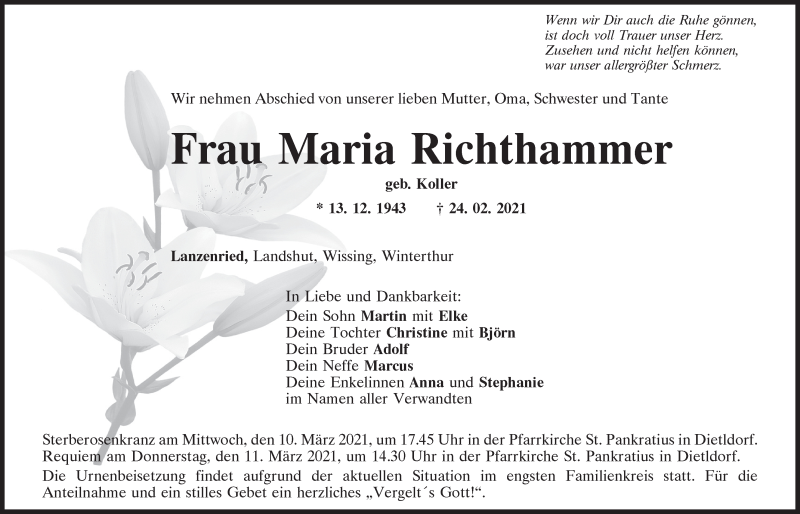  Traueranzeige für Maria Richthammer vom 09.03.2021 aus Mittelbayerische Zeitung Schwandorf