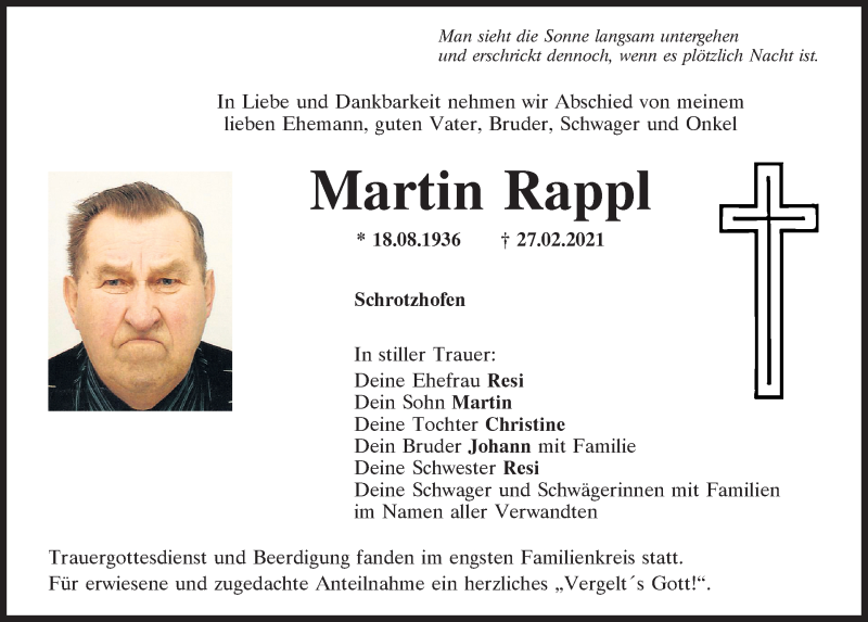  Traueranzeige für Martin Rappl vom 06.03.2021 aus Mittelbayerische Zeitung Regensburg