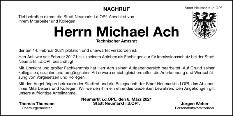 Traueranzeige für Michael Ach vom 08.03.2021 aus Neumarkter Tagblatt