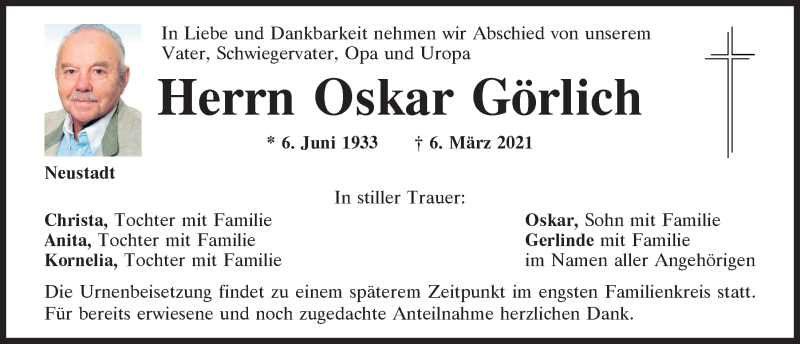  Traueranzeige für Oskar Görlich vom 24.03.2021 aus Mittelbayerische Zeitung Kelheim