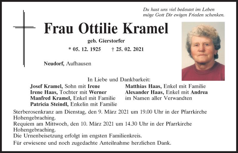  Traueranzeige für Ottilie Kramel vom 08.03.2021 aus Mittelbayerische Zeitung Regensburg