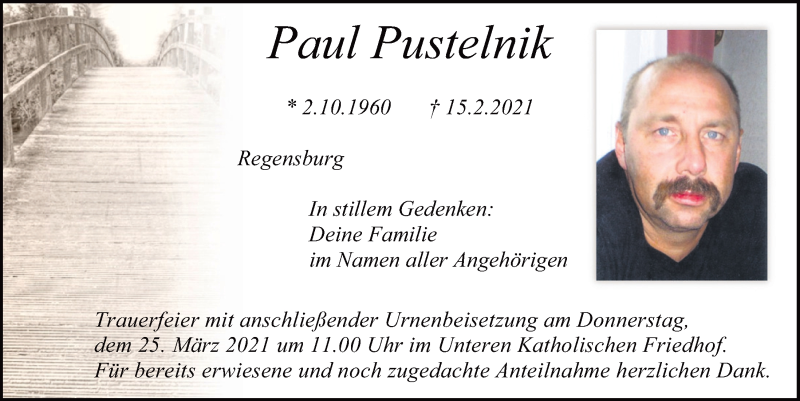  Traueranzeige für Paul Pustelnik vom 20.03.2021 aus Mittelbayerische Zeitung Regensburg