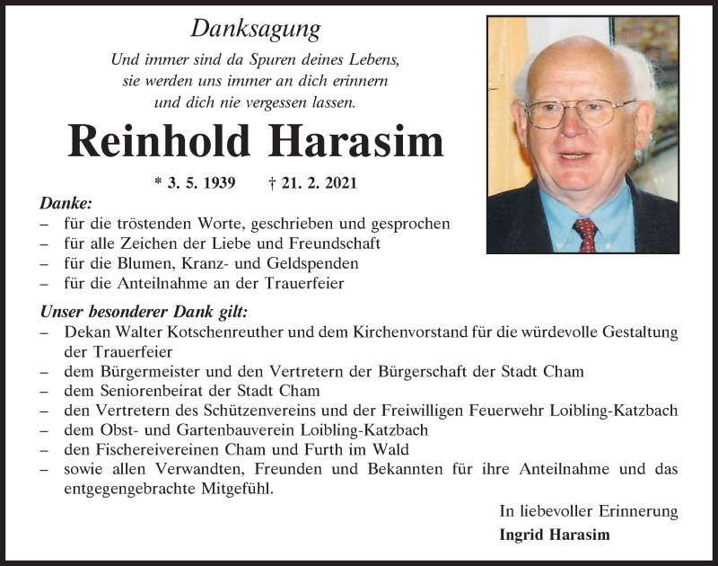  Traueranzeige für Reinhold Harasim vom 13.03.2021 aus Bayerwald Echo