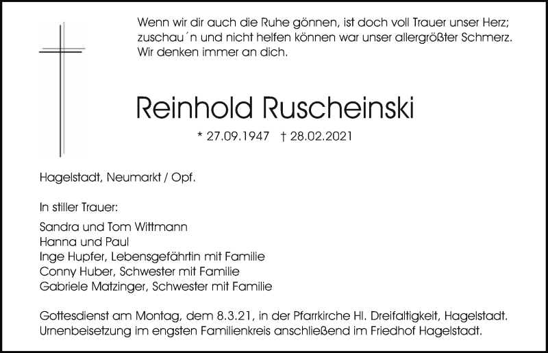  Traueranzeige für Reinhold Ruscheinski vom 06.03.2021 aus Mittelbayerische Zeitung Regensburg