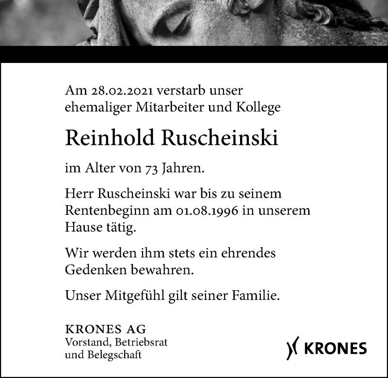  Traueranzeige für Reinhold Ruscheinski vom 17.03.2021 aus Mittelbayerische Zeitung Regensburg