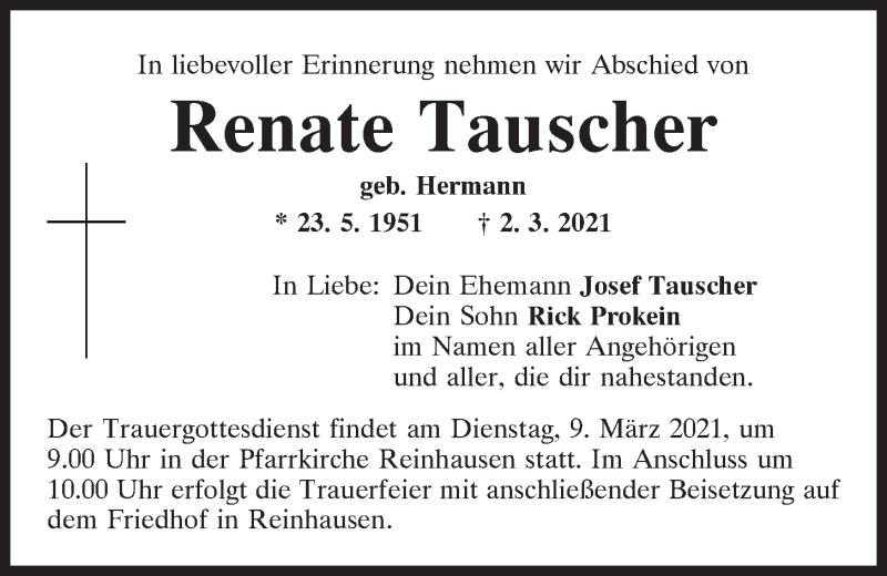  Traueranzeige für Renate Tauscher vom 06.03.2021 aus Mittelbayerische Zeitung Regensburg