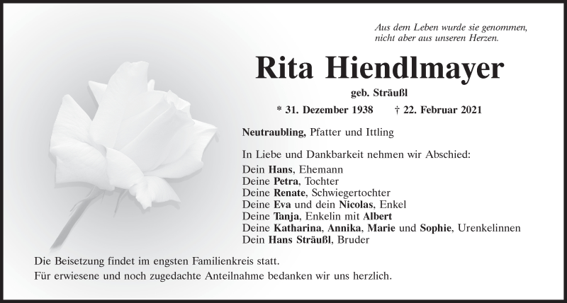  Traueranzeige für Rita Hiendlmayer vom 03.03.2021 aus Mittelbayerische Zeitung Regensburg