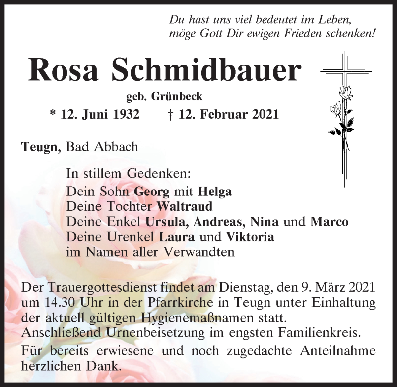  Traueranzeige für Rosa Schmidbauer vom 06.03.2021 aus Mittelbayerische Zeitung Kelheim