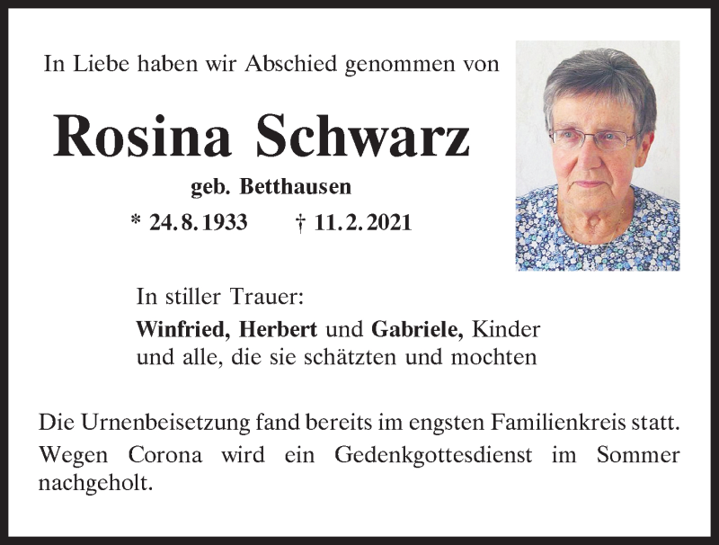  Traueranzeige für Rosina Schwarz vom 06.03.2021 aus Mittelbayerische Zeitung Regensburg