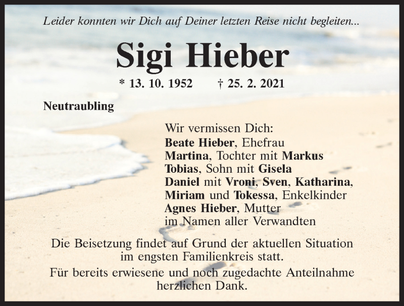  Traueranzeige für Sigi Hieber vom 03.03.2021 aus Mittelbayerische Zeitung Regensburg