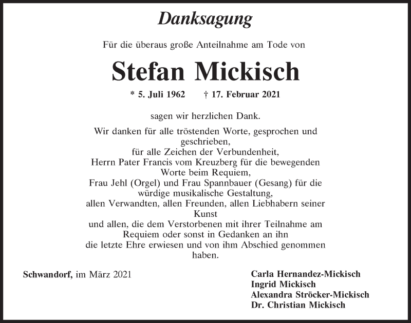  Traueranzeige für Stefan Mickisch vom 17.03.2021 aus Mittelbayerische Zeitung Schwandorf
