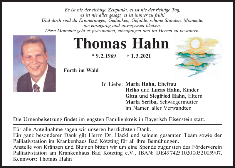 Traueranzeige für Thomas Hahn vom 06.03.2021 aus Bayerwald Echo
