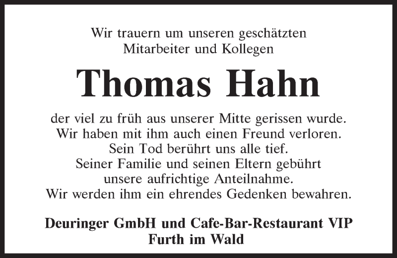  Traueranzeige für Thomas Hahn vom 09.03.2021 aus Bayerwald Echo