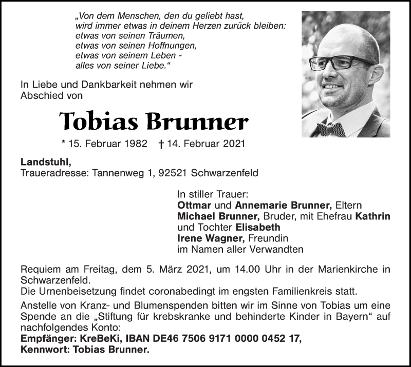  Traueranzeige für Tobias Brunner vom 03.03.2021 aus Mittelbayerische Zeitung Schwandorf