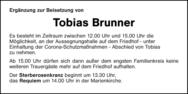  Traueranzeige für Tobias Brunner vom 05.03.2021 aus Mittelbayerische Zeitung Schwandorf