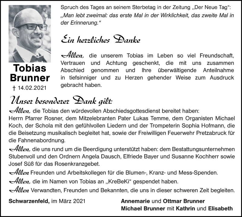  Traueranzeige für Tobias Brunner vom 27.03.2021 aus Mittelbayerische Zeitung Schwandorf