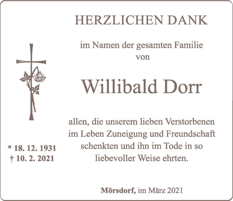  Traueranzeige für Willibald Dorr vom 27.03.2021 aus Neumarkter Tagblatt