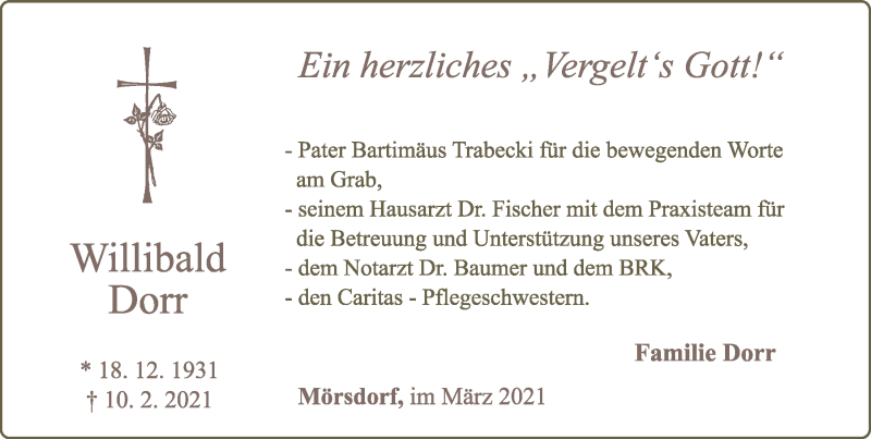  Traueranzeige für Willibald Dorr vom 27.03.2021 aus Neumarkter Tagblatt