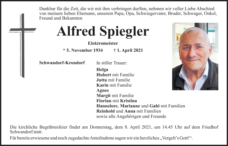  Traueranzeige für Alfred Spiegler vom 06.04.2021 aus Mittelbayerische Zeitung Schwandorf