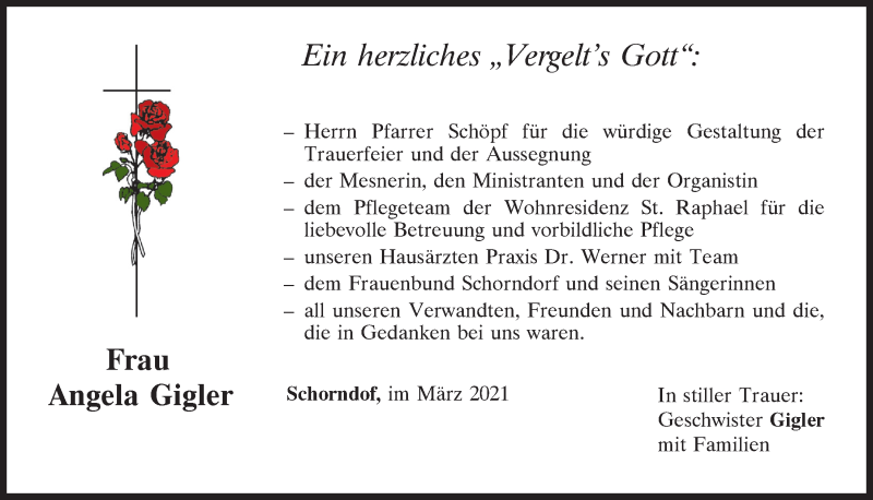  Traueranzeige für Angela Gigler vom 03.04.2021 aus Bayerwald Echo
