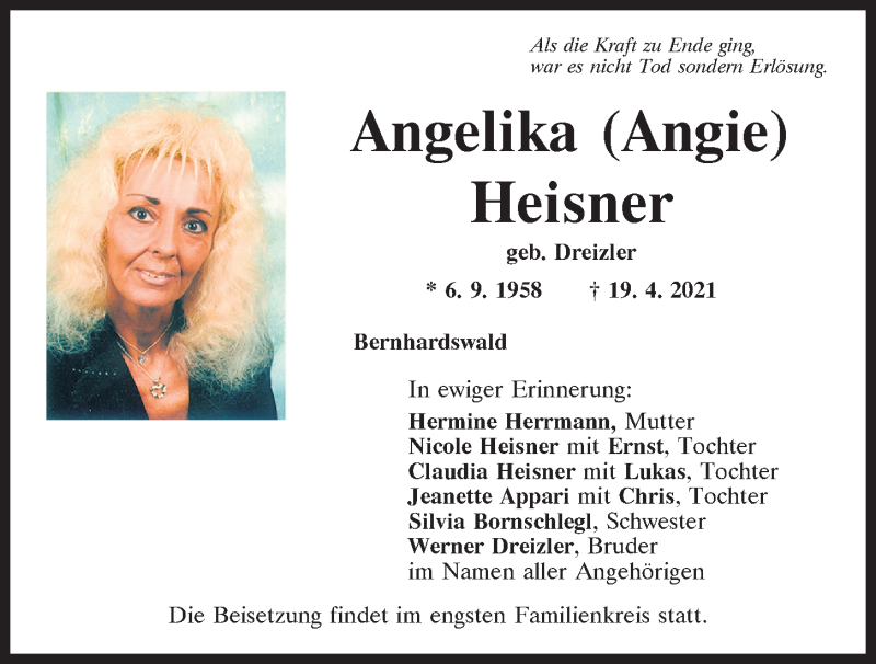  Traueranzeige für Angelika Heisner vom 24.04.2021 aus Mittelbayerische Zeitung Regensburg
