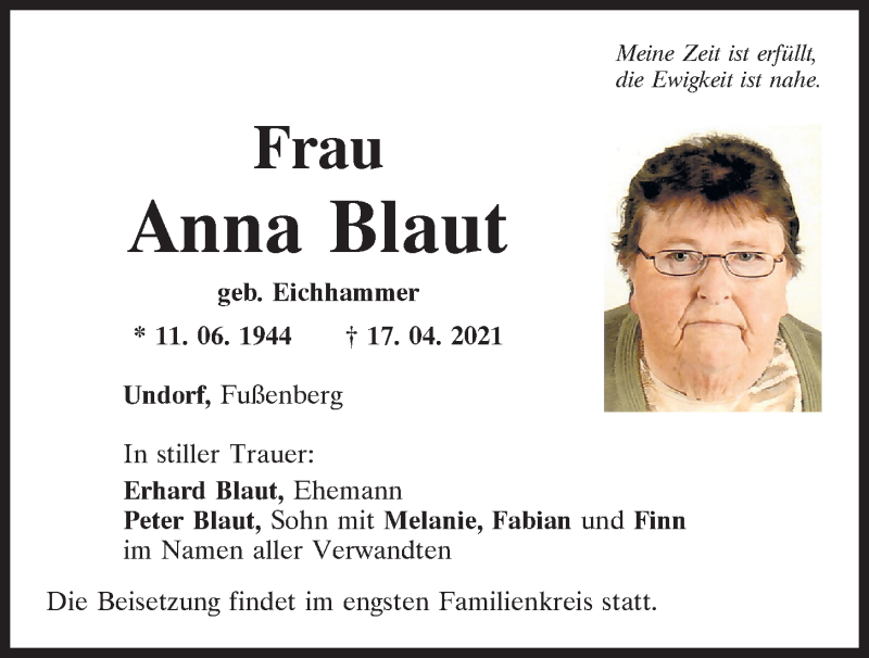  Traueranzeige für Anna Blaut vom 20.04.2021 aus Mittelbayerische Zeitung Regensburg