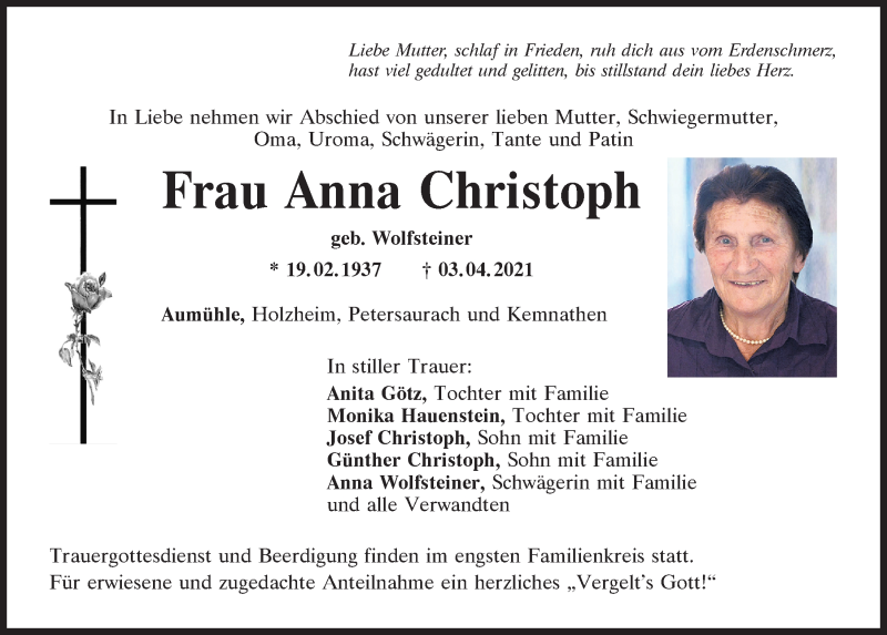  Traueranzeige für Anna Christoph vom 07.04.2021 aus Neumarkter Tagblatt