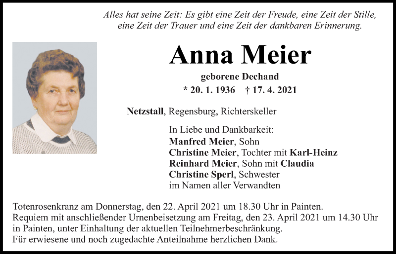  Traueranzeige für Anna Meier vom 21.04.2021 aus Mittelbayerische Zeitung Regensburg