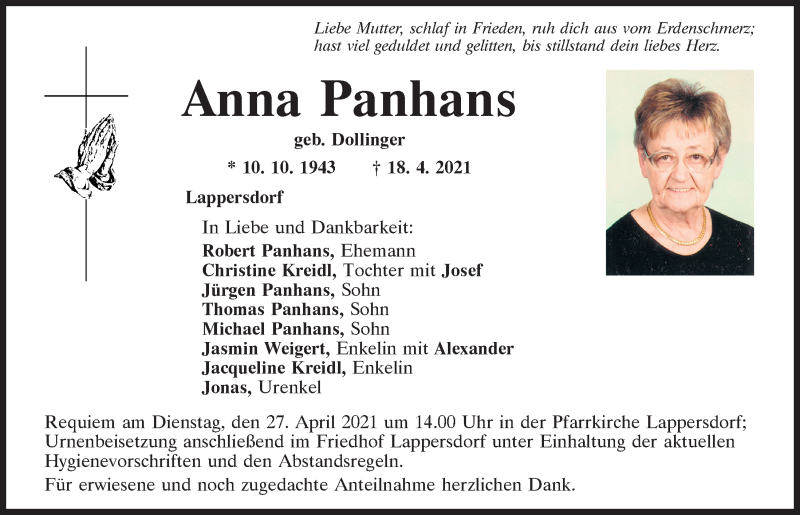  Traueranzeige für Anna Panhans vom 24.04.2021 aus Mittelbayerische Zeitung Regensburg