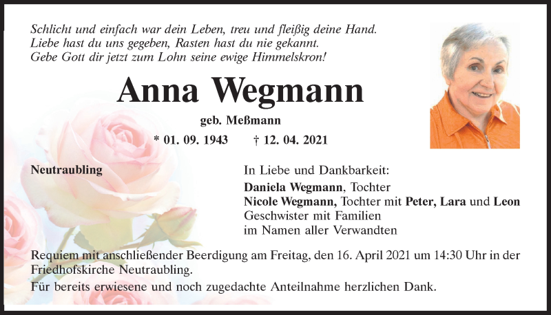  Traueranzeige für Anna Wegmann vom 14.04.2021 aus Mittelbayerische Zeitung Regensburg