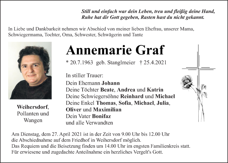  Traueranzeige für Annemarie Graf vom 27.04.2021 aus Neumarkter Tagblatt