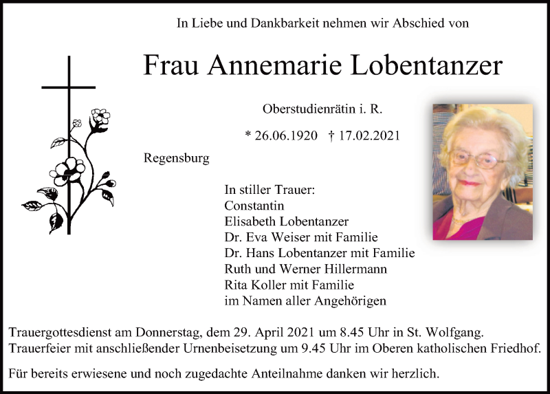  Traueranzeige für Annemarie Lobentanzer vom 24.04.2021 aus Mittelbayerische Zeitung Regensburg