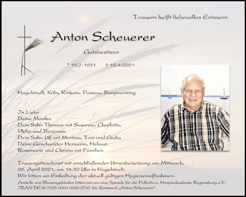  Traueranzeige für Anton Scheuerer vom 24.04.2021 aus Mittelbayerische Zeitung Regensburg
