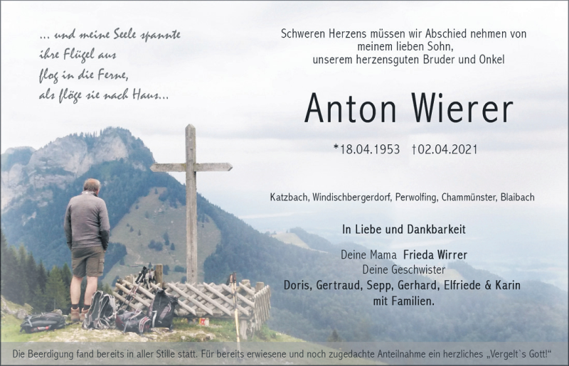  Traueranzeige für Anton Wierer vom 12.04.2021 aus Bayerwald Echo