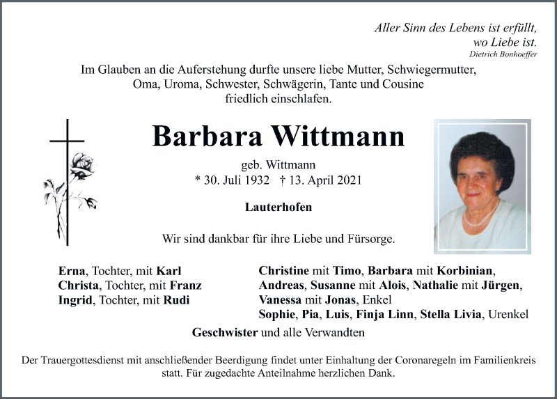  Traueranzeige für Barbara Wittmann vom 15.04.2021 aus Neumarkter Tagblatt