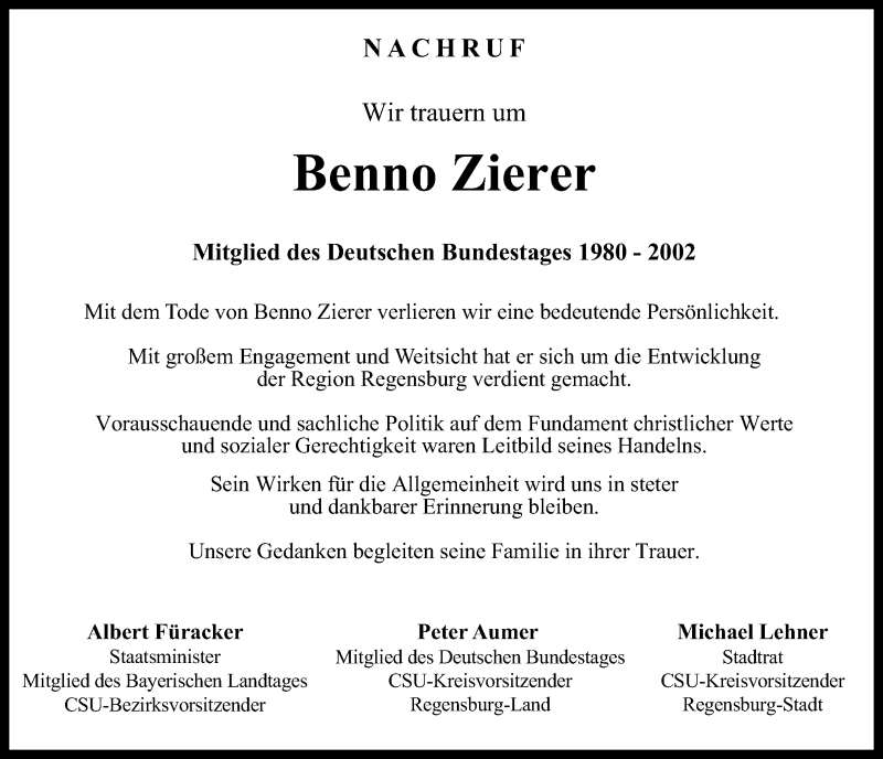  Traueranzeige für Benno Zierer vom 30.04.2021 aus Mittelbayerische Zeitung Regensburg