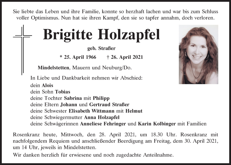  Traueranzeige für Brigitte Holzapfel vom 28.04.2021 aus Mittelbayerische Zeitung Kelheim