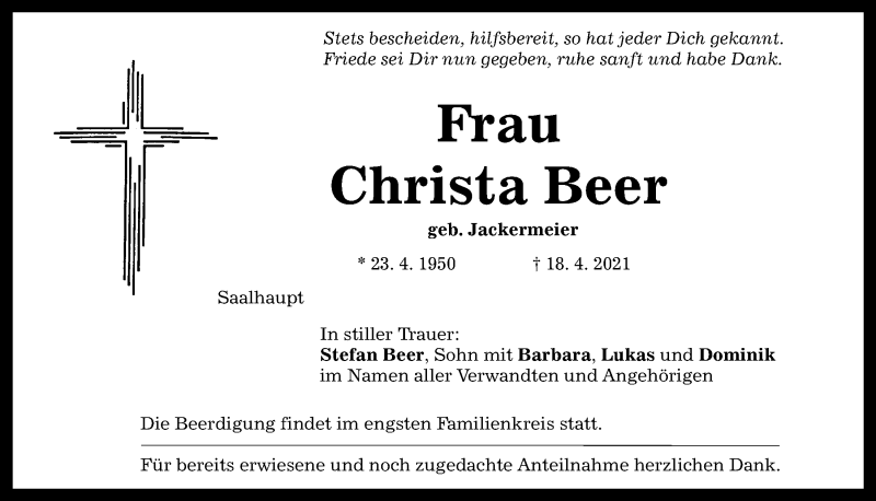  Traueranzeige für Christa Beer vom 21.04.2021 aus Mittelbayerische Zeitung Kelheim