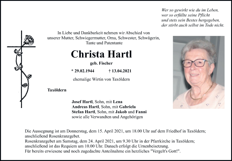 Traueranzeige für Christa Hartl vom 15.04.2021 aus Mittelbayerische Zeitung Schwandorf